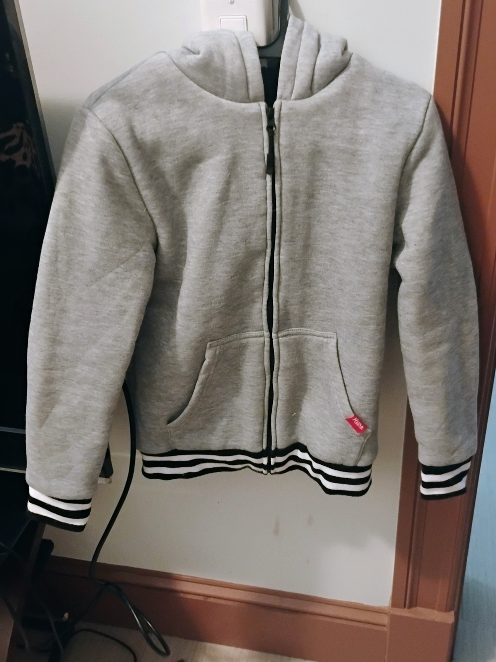 Hype Kids Light Gray Zip Hoodie with Black & White Stripe Trim